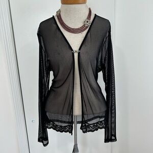 Vintage Black Sheer Mesh Cardigan Crystal Rhinestone Clasp Scalloped Sequin Trim